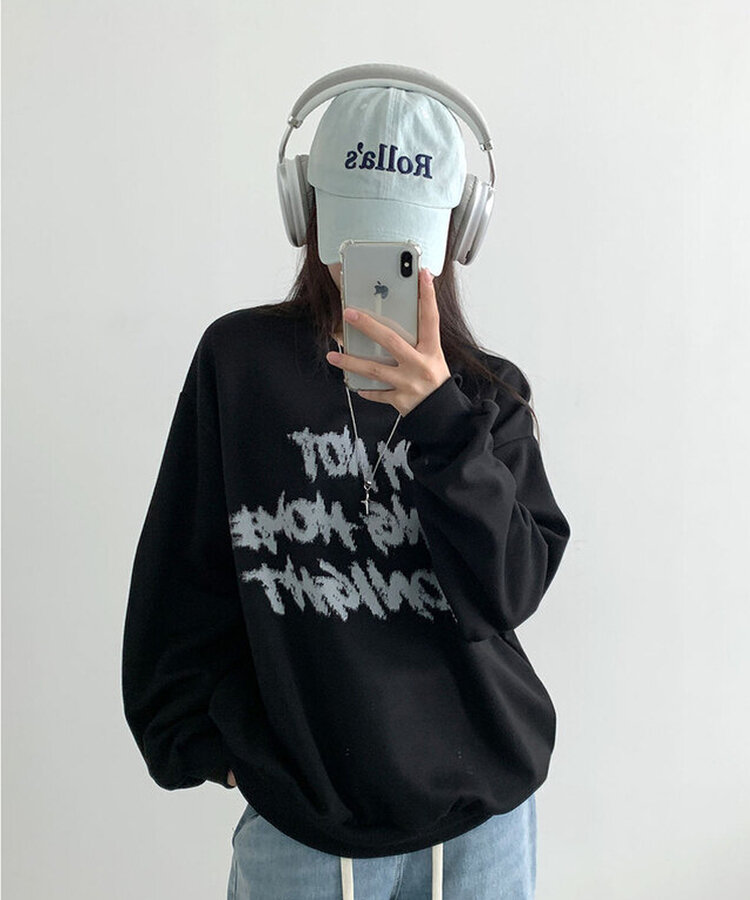 レタリングプリントオーバーフィット長袖トレーナー BLACK