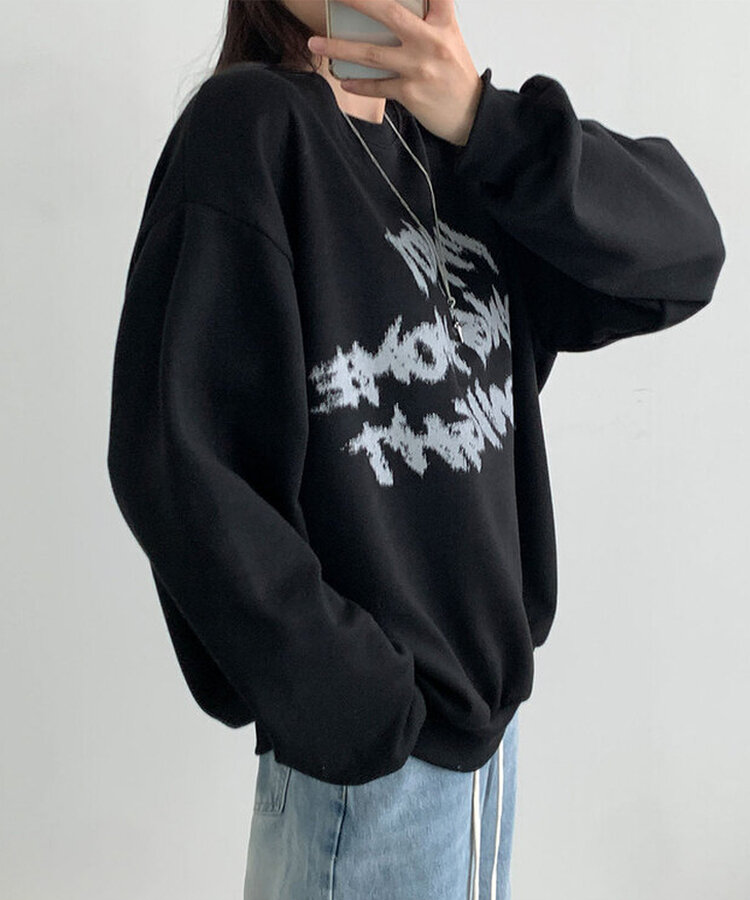 レタリングプリントオーバーフィット長袖トレーナー BLACK
