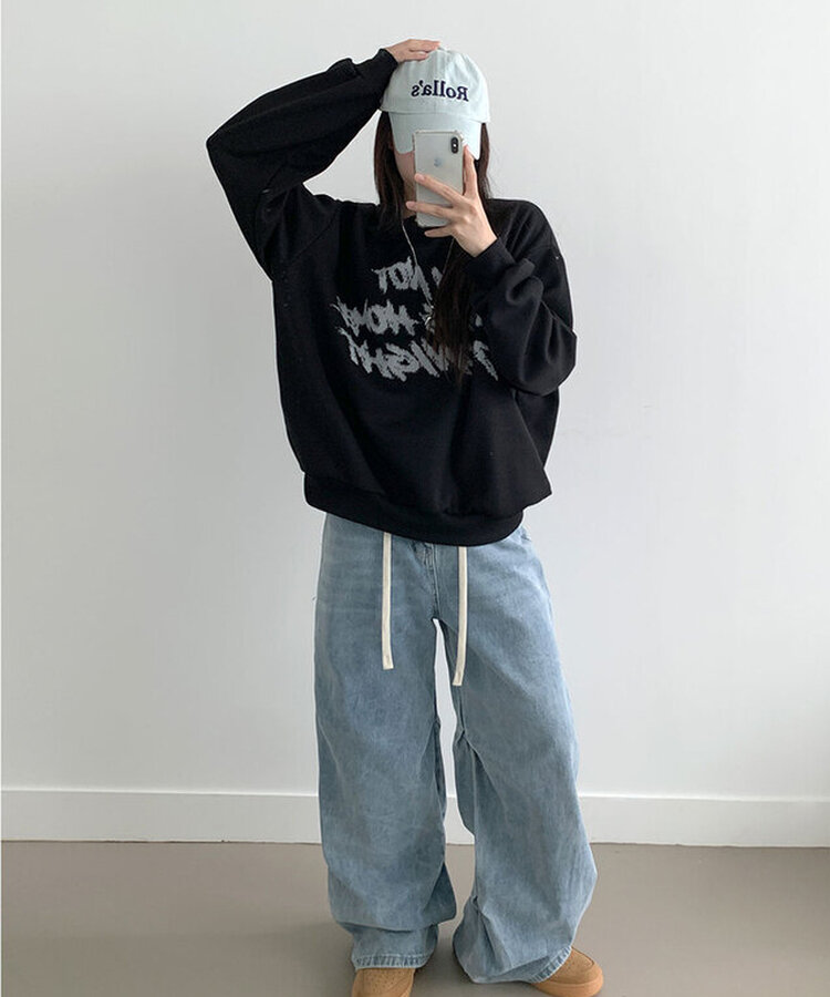 レタリングプリントオーバーフィット長袖トレーナー BLACK