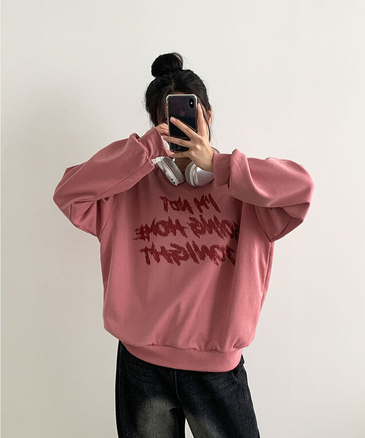 レタリングプリントオーバーフィット長袖トレーナー INDIE PINK