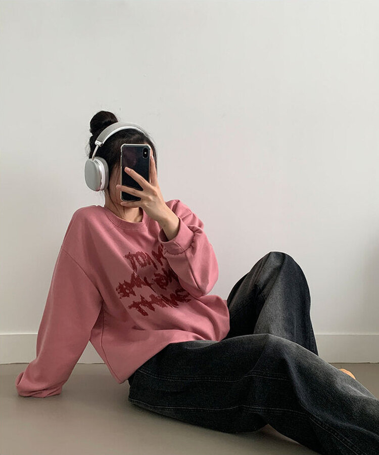 レタリングプリントオーバーフィット長袖トレーナー INDIE PINK