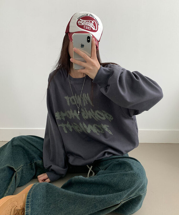 レタリングプリントオーバーフィット長袖トレーナー CHARCOAL