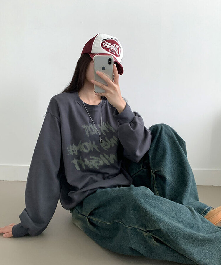 レタリングプリントオーバーフィット長袖トレーナー CHARCOAL