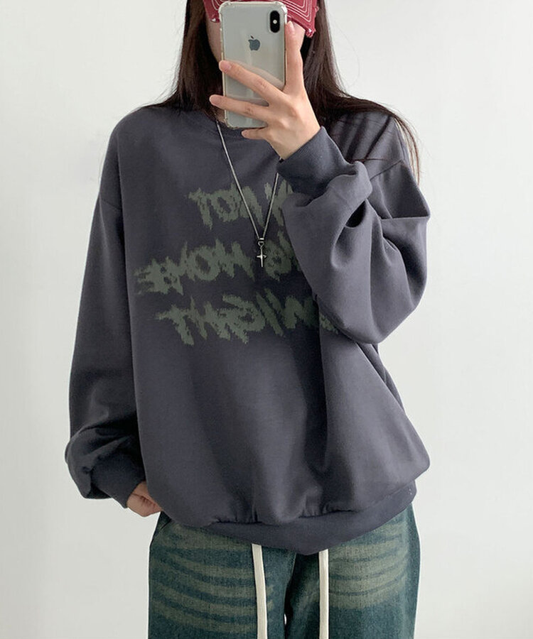 レタリングプリントオーバーフィット長袖トレーナー CHARCOAL