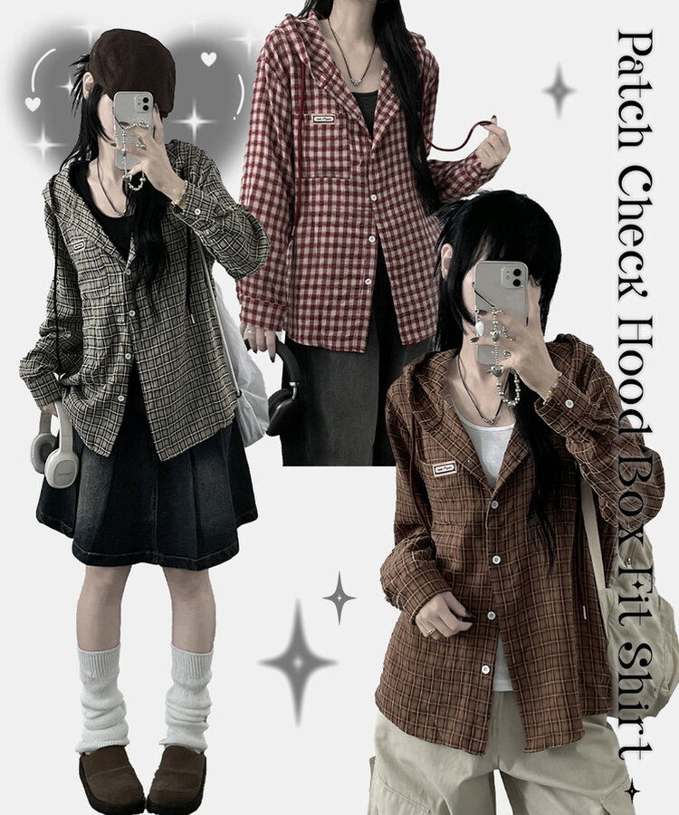 어텀패치잔체크후드박스핏셔츠남방 브라운