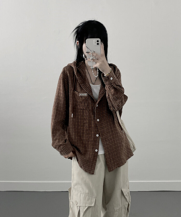 어텀패치잔체크후드박스핏셔츠남방 브라운