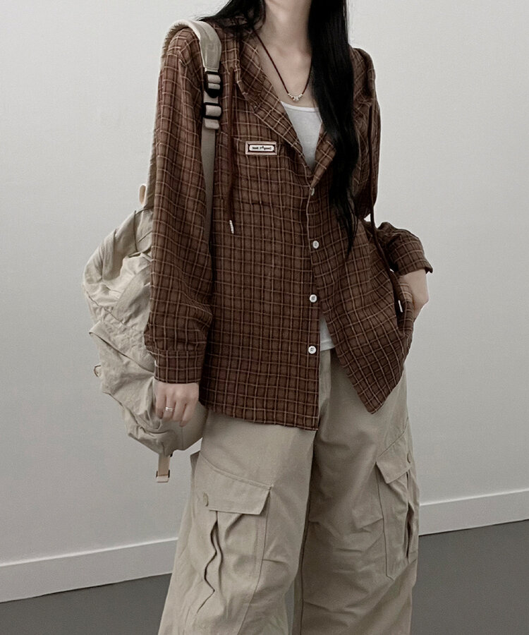 어텀패치잔체크후드박스핏셔츠남방 브라운