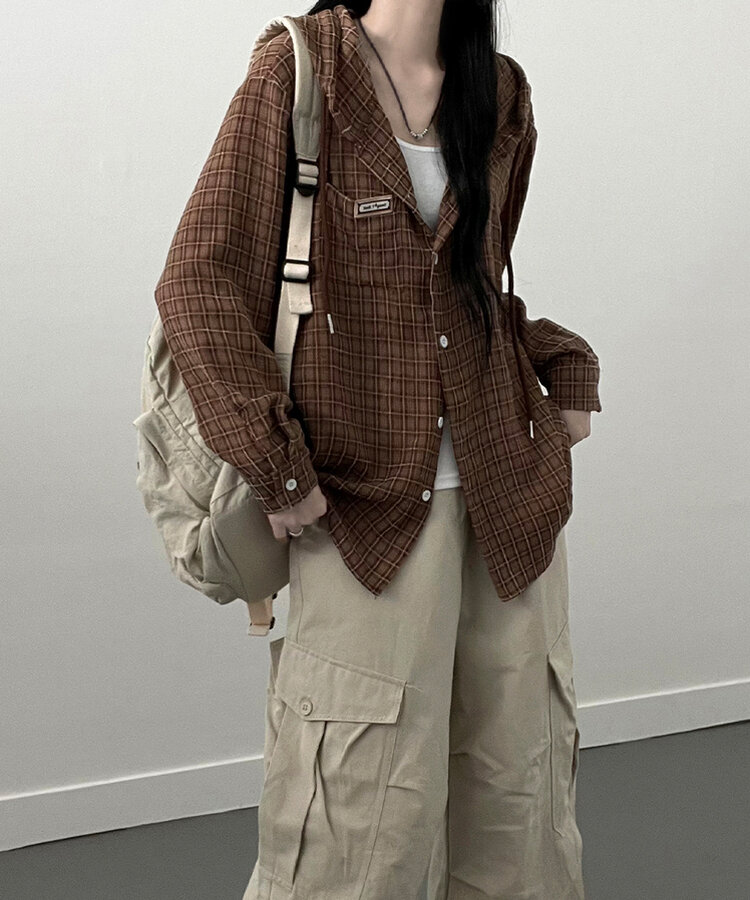 어텀패치잔체크후드박스핏셔츠남방 브라운