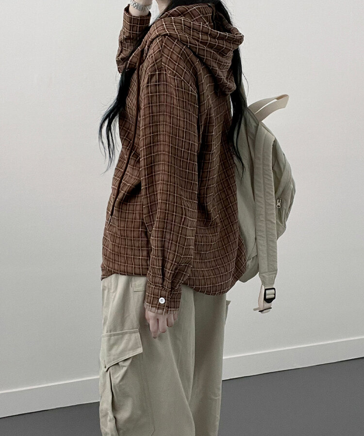 어텀패치잔체크후드박스핏셔츠남방 브라운