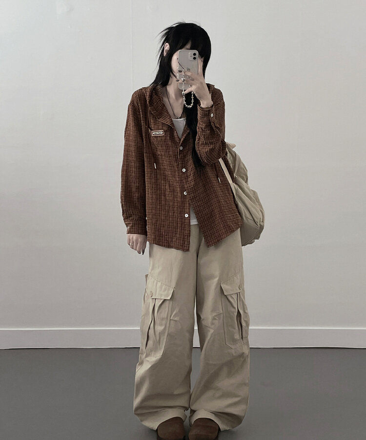 어텀패치잔체크후드박스핏셔츠남방 브라운