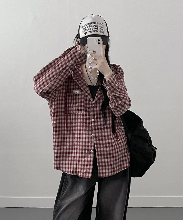 어텀패치잔체크후드박스핏셔츠남방 레드