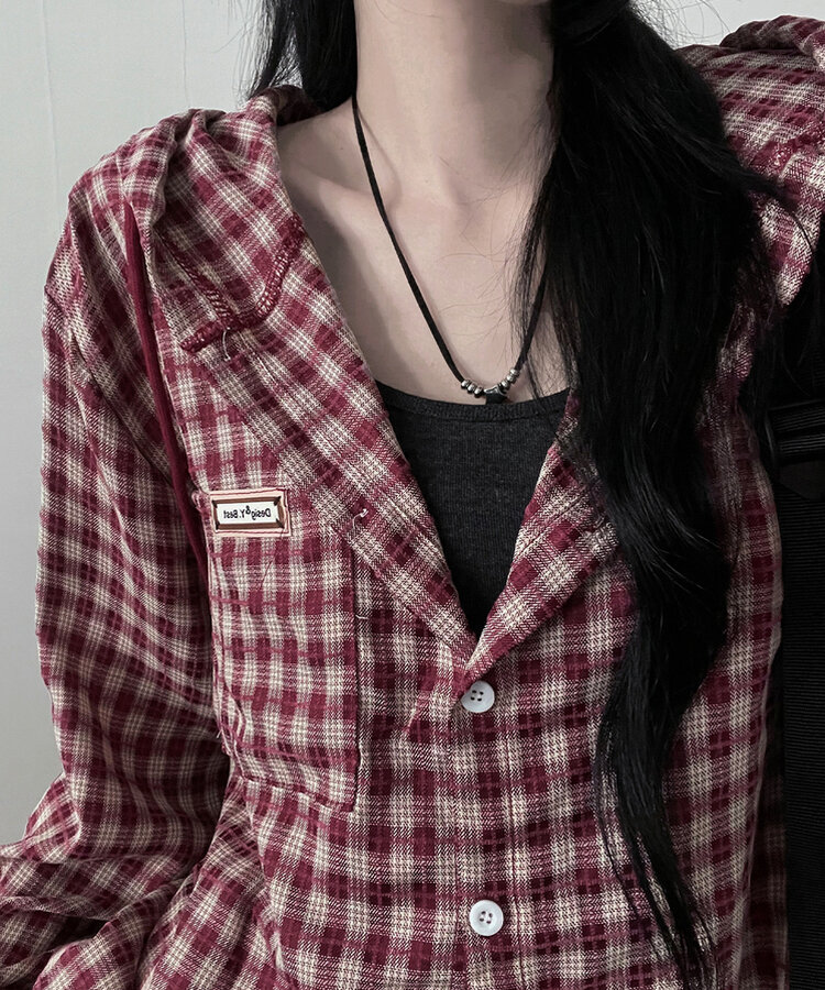 어텀패치잔체크후드박스핏셔츠남방 레드