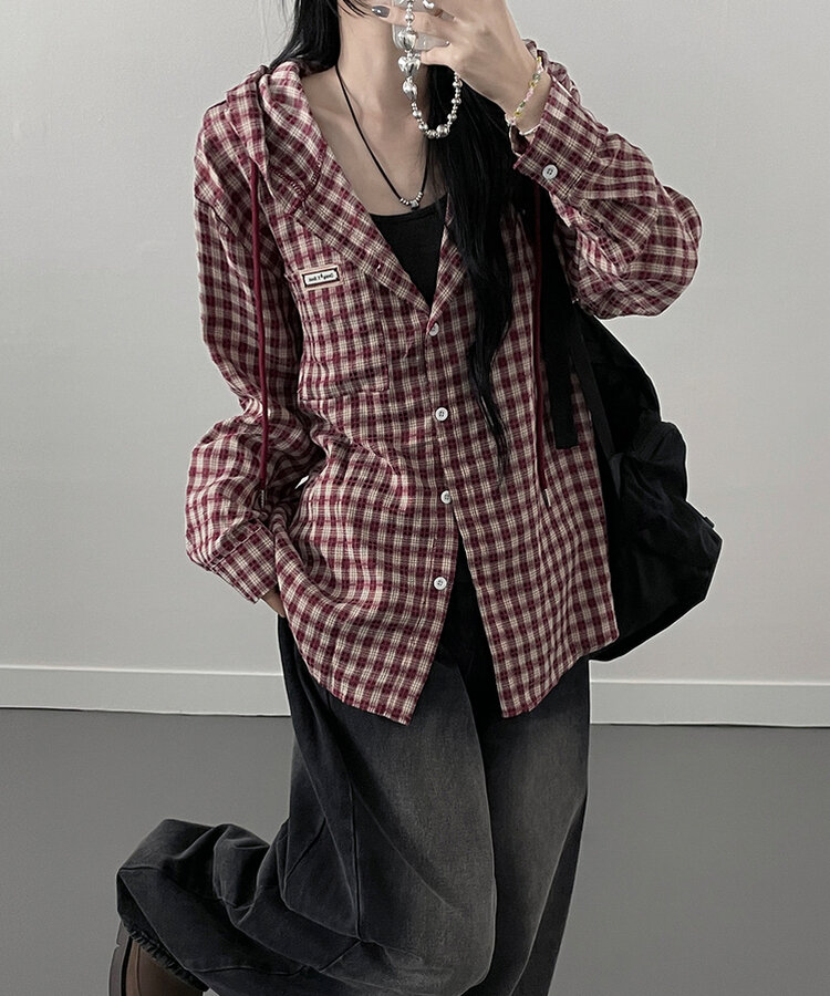 어텀패치잔체크후드박스핏셔츠남방 레드