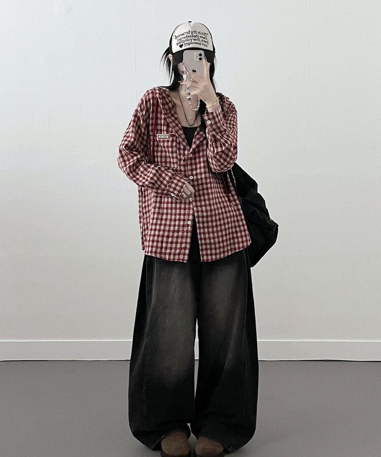 어텀패치잔체크후드박스핏셔츠남방 레드