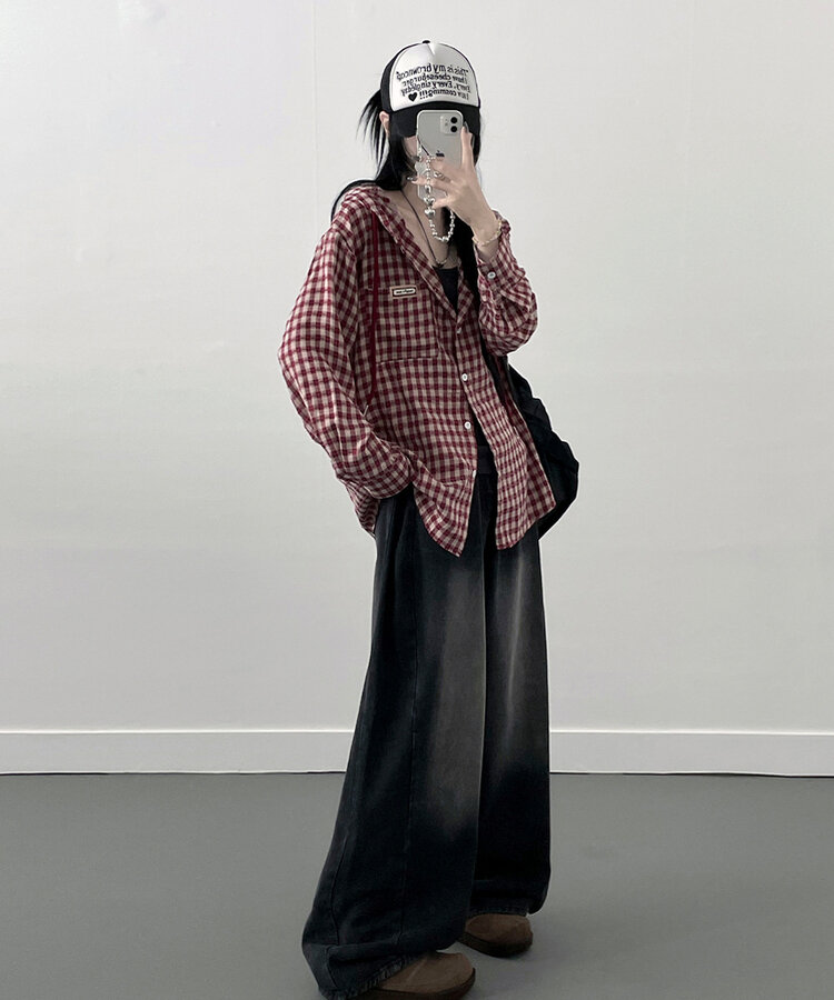 어텀패치잔체크후드박스핏셔츠남방 레드