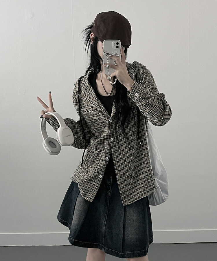 어텀패치잔체크후드박스핏셔츠남방 블랙