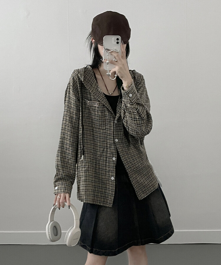 어텀패치잔체크후드박스핏셔츠남방 블랙