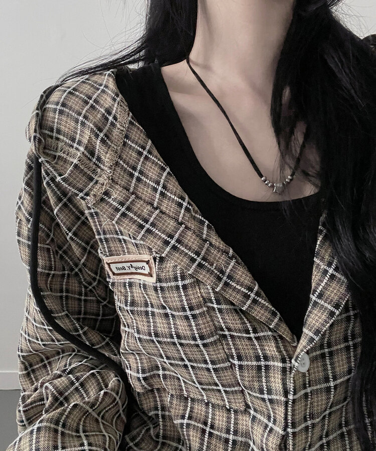 어텀패치잔체크후드박스핏셔츠남방 블랙