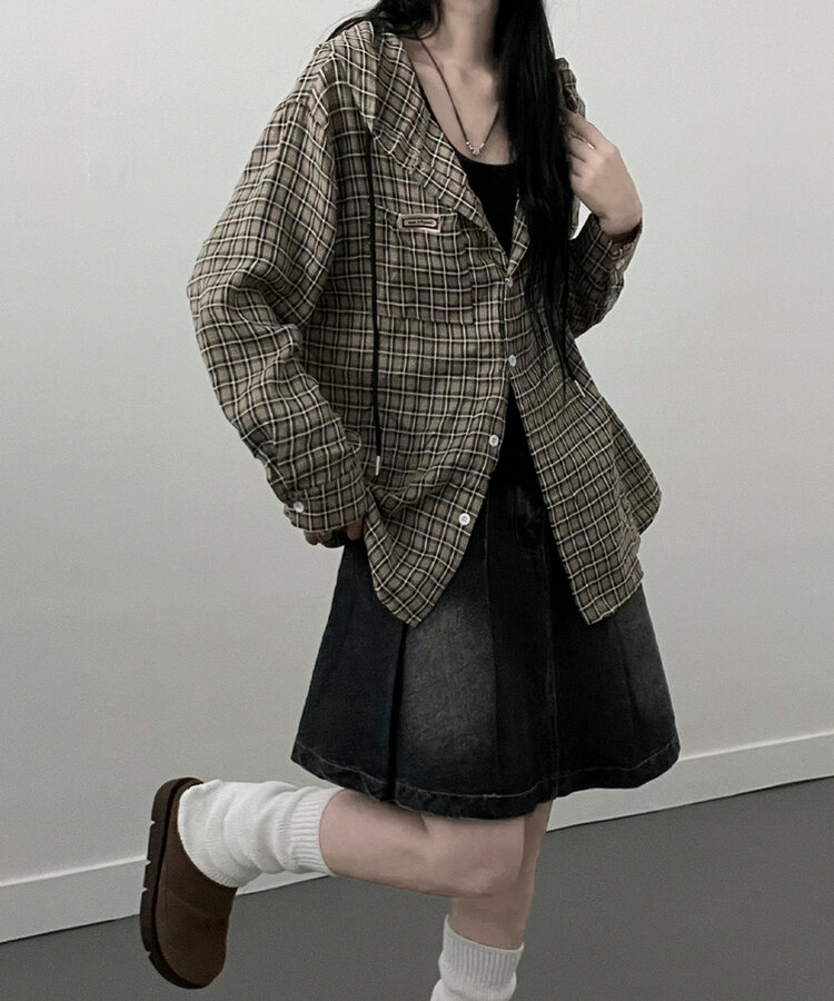 어텀패치잔체크후드박스핏셔츠남방 블랙