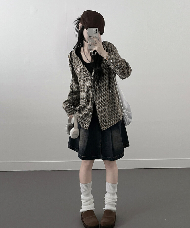 어텀패치잔체크후드박스핏셔츠남방 블랙