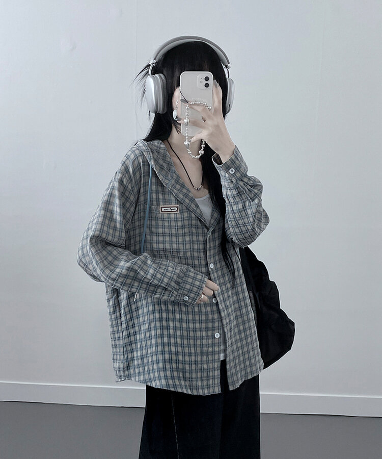 어텀패치잔체크후드박스핏셔츠남방 소라