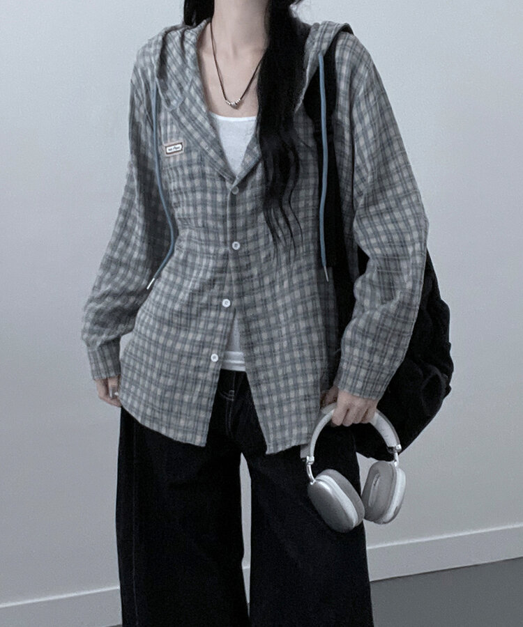 어텀패치잔체크후드박스핏셔츠남방 소라
