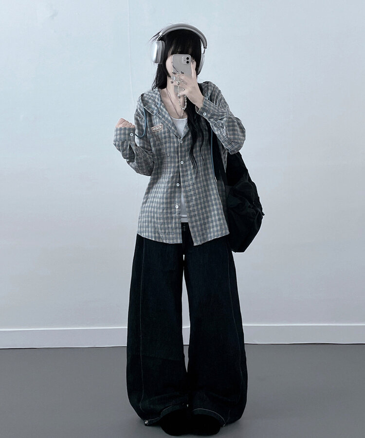 어텀패치잔체크후드박스핏셔츠남방 소라