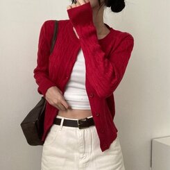 ケーブルニットカーディガン(5color) RED