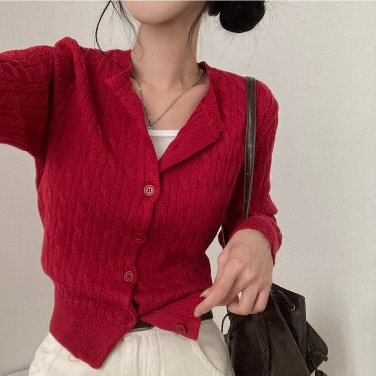 ケーブルニットカーディガン(5color) RED