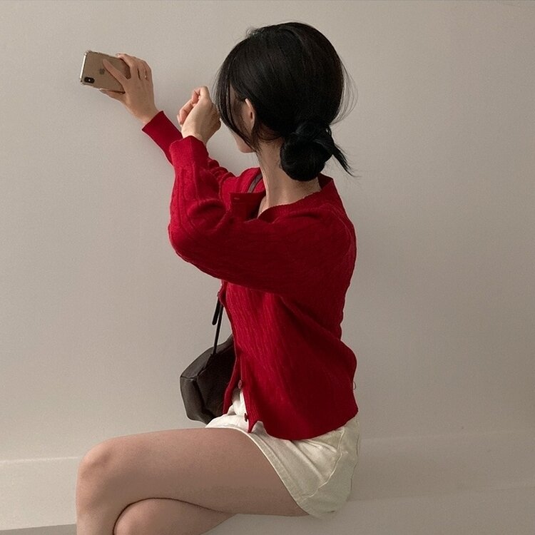 ケーブルニットカーディガン(5color) RED