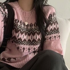 뉴트 노르딕 아가일 눈꽃 라운드 니트 4color 핑크