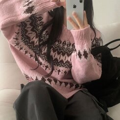 뉴트 노르딕 아가일 눈꽃 라운드 니트 4color 핑크