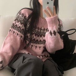 뉴트 노르딕 아가일 눈꽃 라운드 니트 4color 핑크