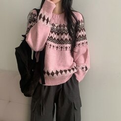 뉴트 노르딕 아가일 눈꽃 라운드 니트 4color 핑크