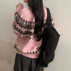 뉴트 노르딕 아가일 눈꽃 라운드 니트 4color 핑크