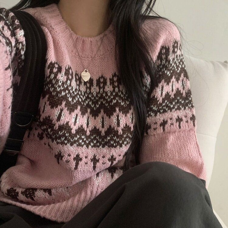 뉴트 노르딕 아가일 눈꽃 라운드 니트 4color 핑크