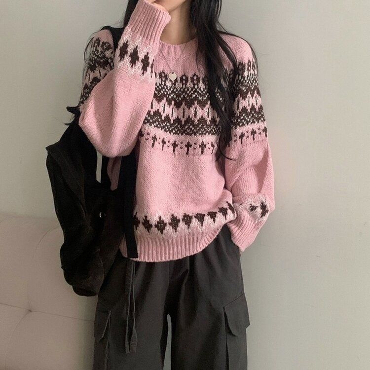 뉴트 노르딕 아가일 눈꽃 라운드 니트 4color 핑크