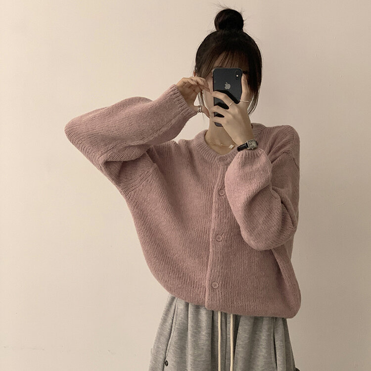 カーディガン アルパカラウンドルーズフィット長袖カーディガン PINK