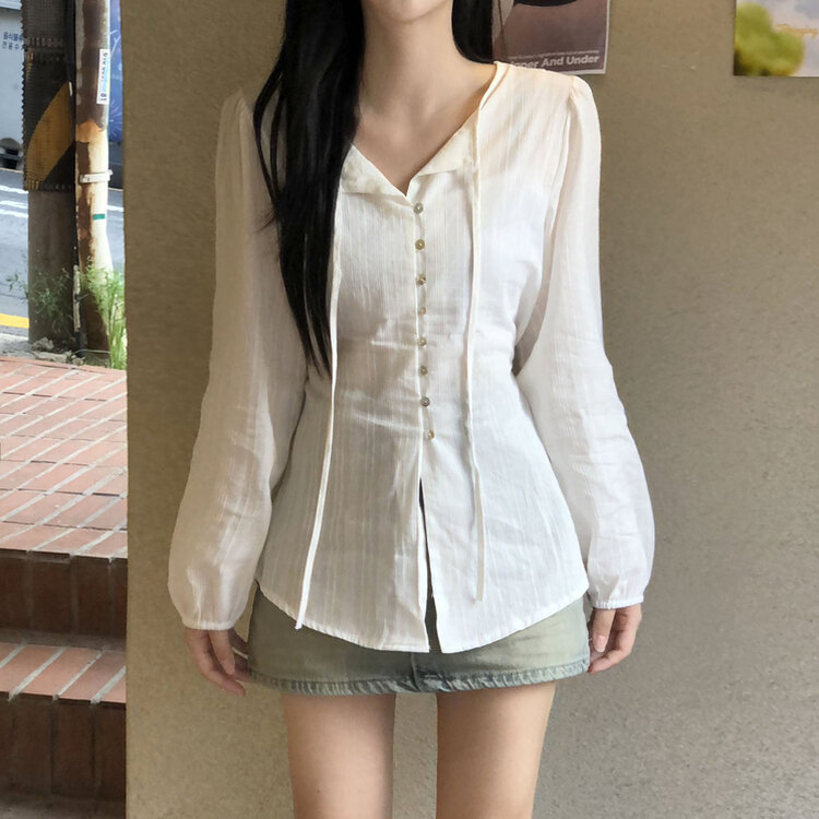 リボンレースボタンブラウス WHITE
