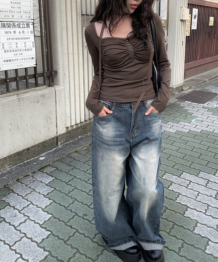 スクエアネック長袖Tシャツ BROWN