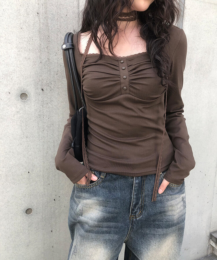 スクエアネック長袖Tシャツ BROWN