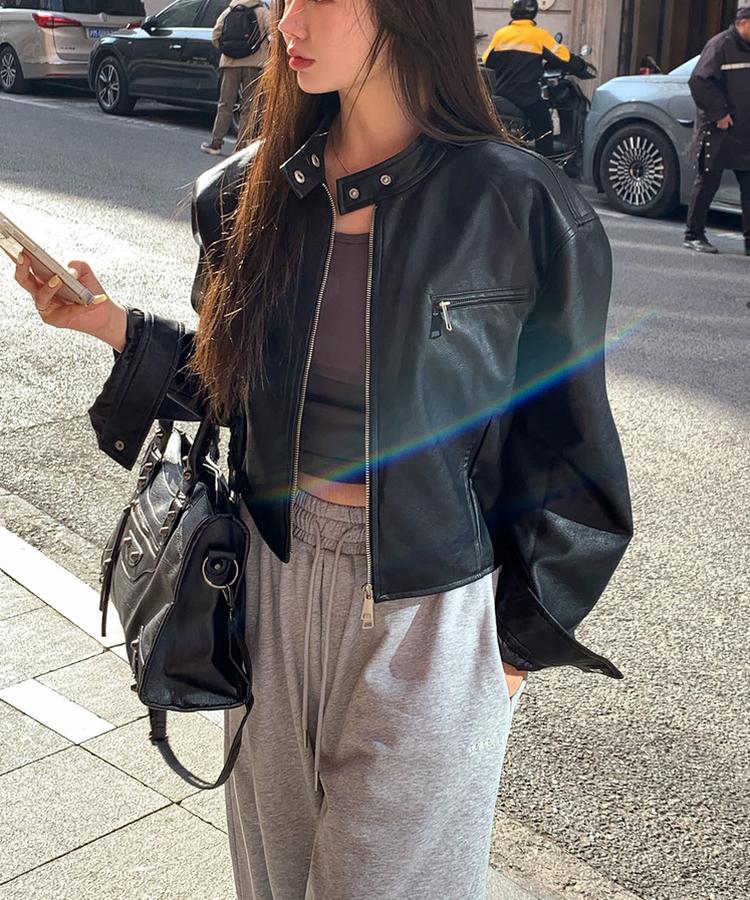 クロップルーズフィットジャケット BLACK LEATHER