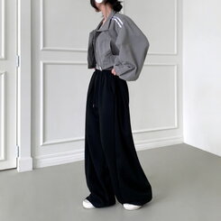 【丈別】ワイドピンタックバンディングパンツ BLACK