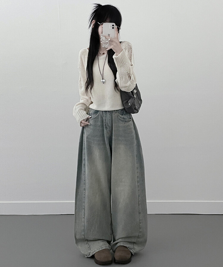 메르데미지헤짐크롭긴팔니트 아이보리