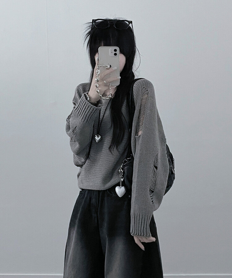 메르데미지헤짐크롭긴팔니트 그레이