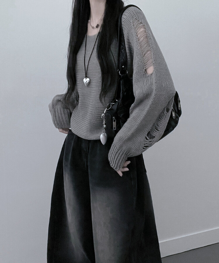 메르데미지헤짐크롭긴팔니트 그레이