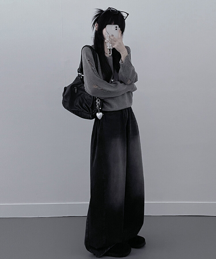 메르데미지헤짐크롭긴팔니트 그레이