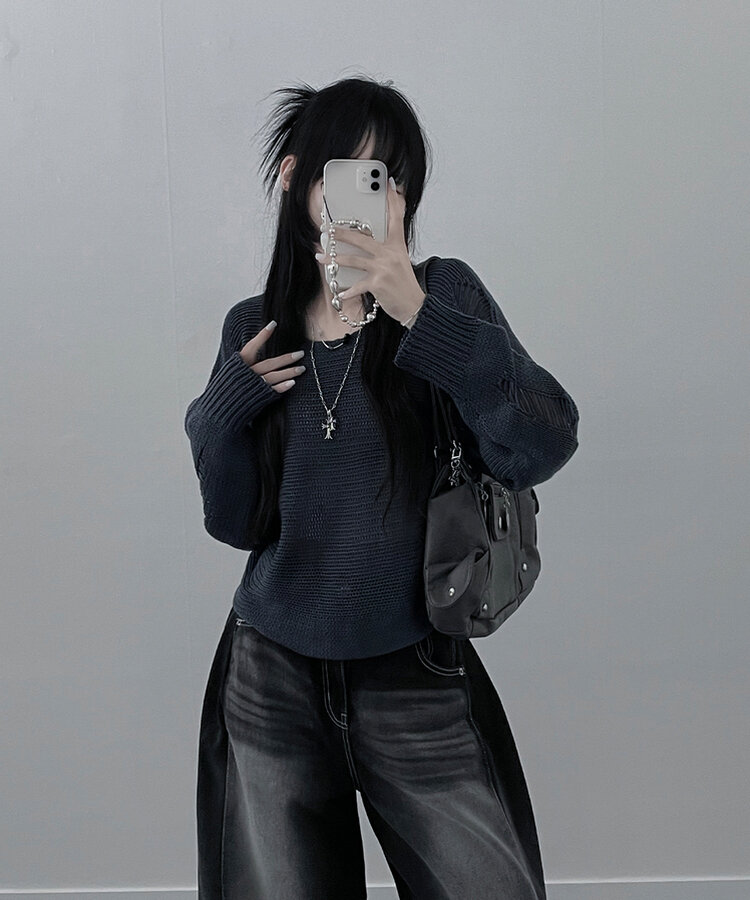 메르데미지헤짐크롭긴팔니트 블루