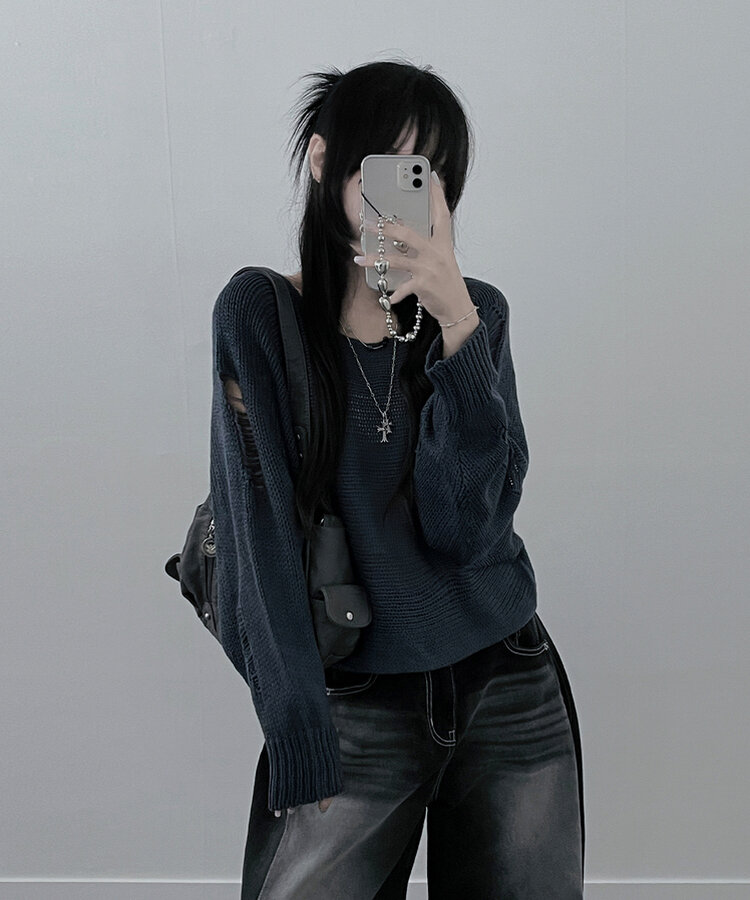 메르데미지헤짐크롭긴팔니트 블루