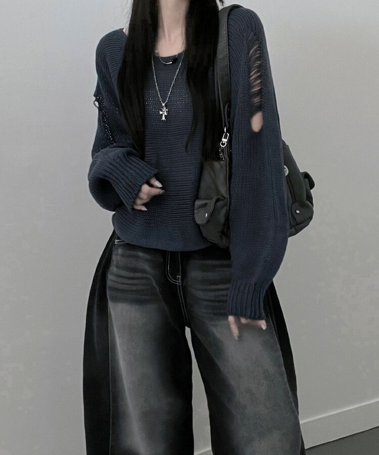 메르데미지헤짐크롭긴팔니트 블루